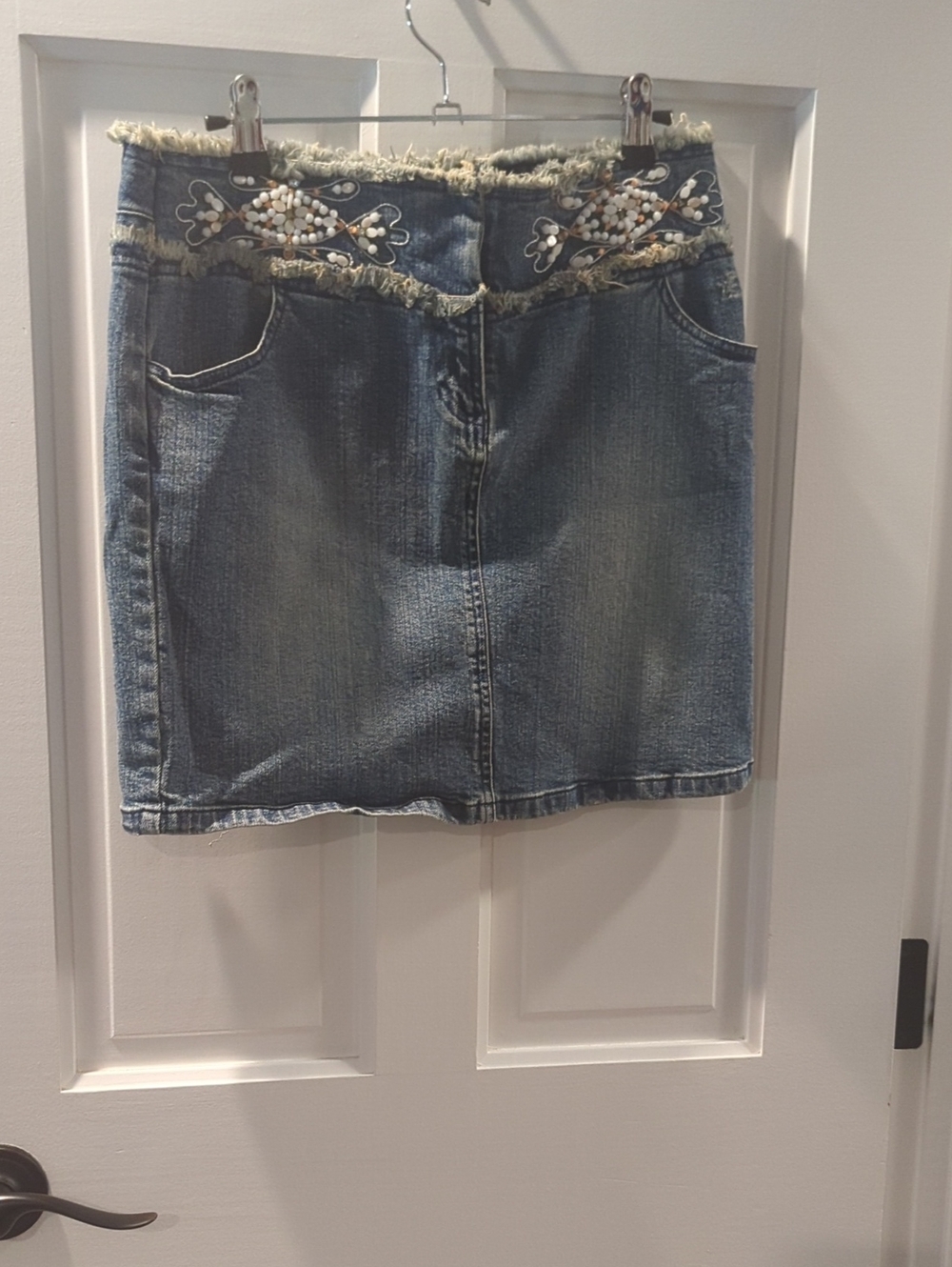 INC International Concepts Embroidered Frayed Waist Denim Skirt - Blue